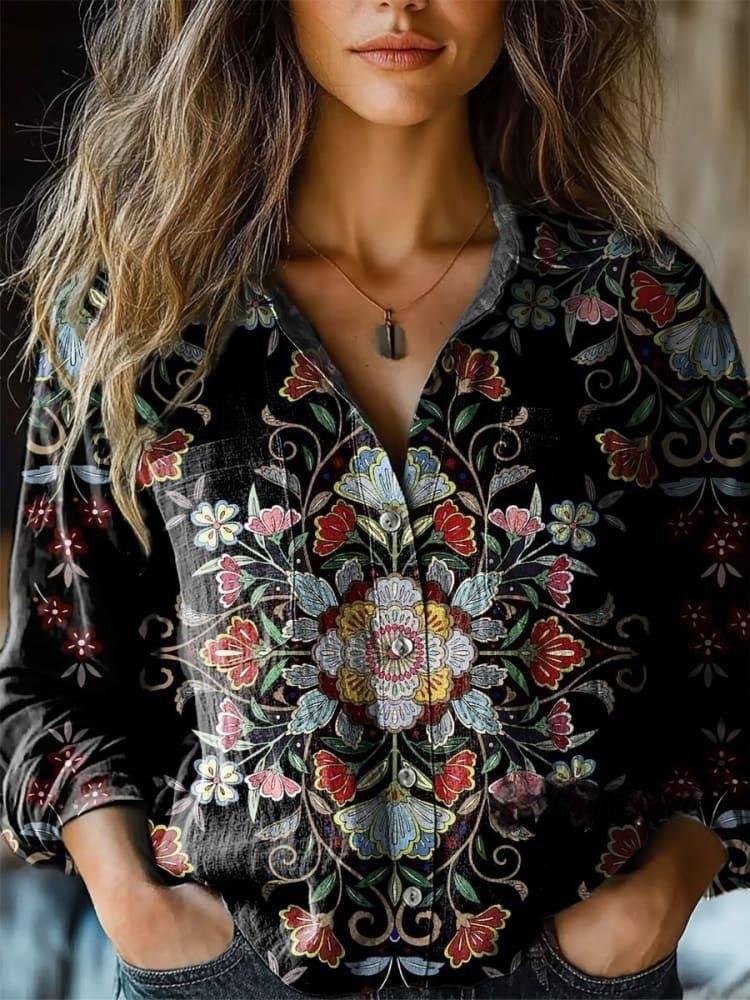 Loose Long Sleeve Shawl Collar Ethnic Vintage Regular Shirt