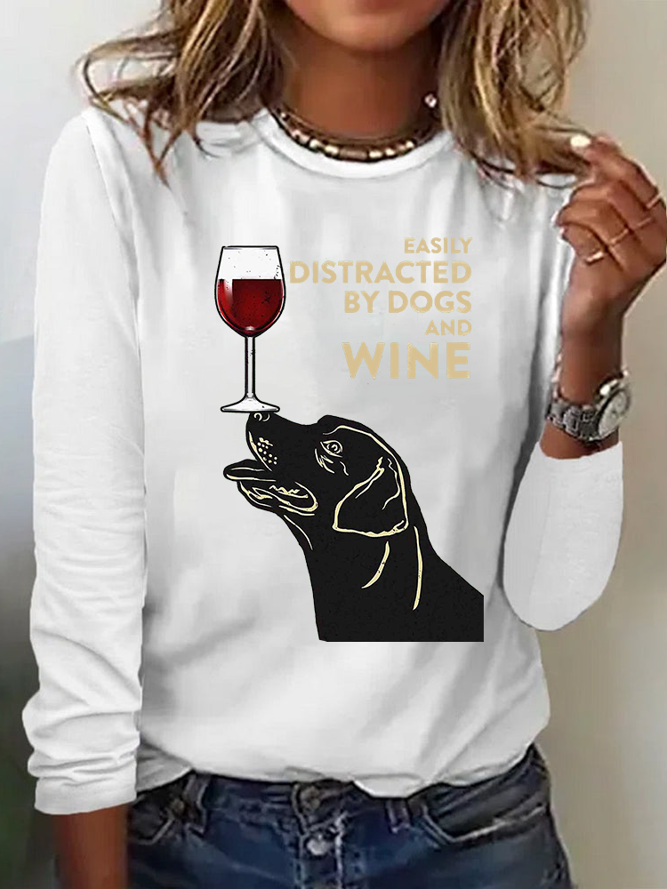 Casual Crew Neck Long Sleeve Dog Fashion Regular T-Shirt