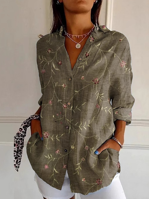 Loose Long Sleeve Shirt Collar Ethnic Floral Fashion Regular Shirt