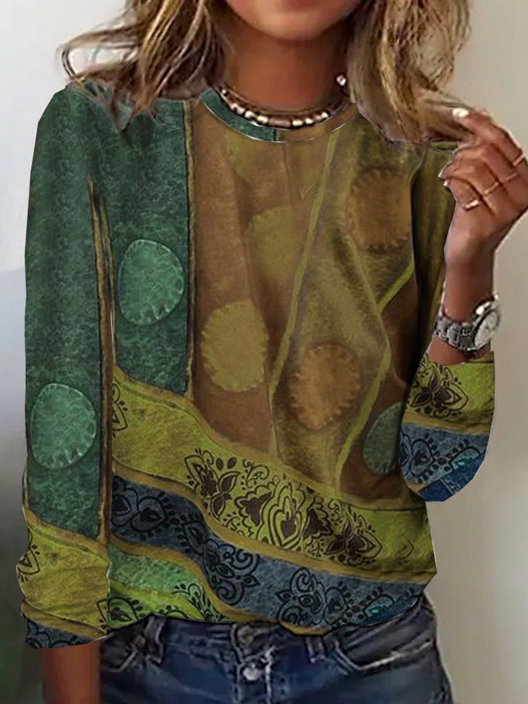 Fashion Crew Neck Long Sleeve Geometric Casual Regular T-Shirt