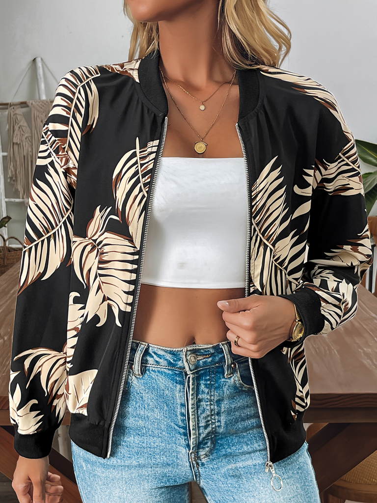 Loose Long Sleeve Leaf Zipper Fashion Regular Jacket