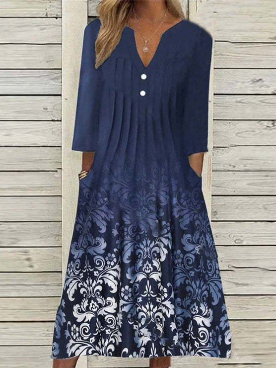 Fashion Long Sleeve Asymmetrical Ethnic Floral Loose Maxi Dress