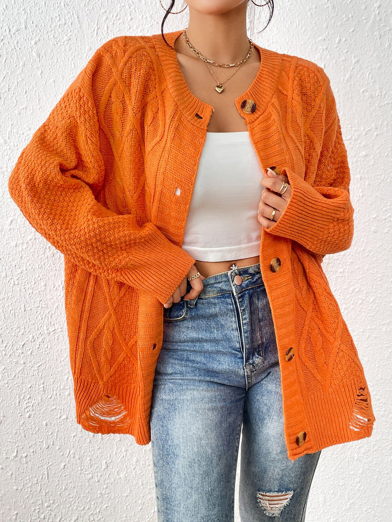 Loose Crew Neck Long Sleeve Plain Fashion Mid-Long Cardigan
