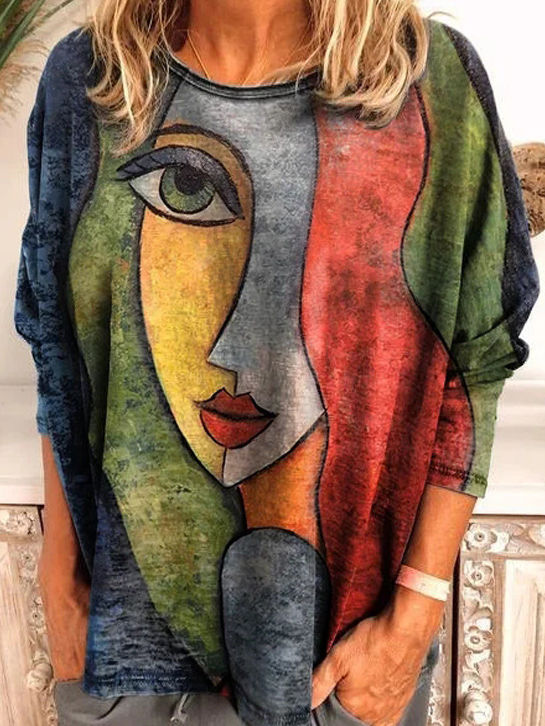 Fashion Crew Neck Long Sleeve Face Loose Regular Blouses