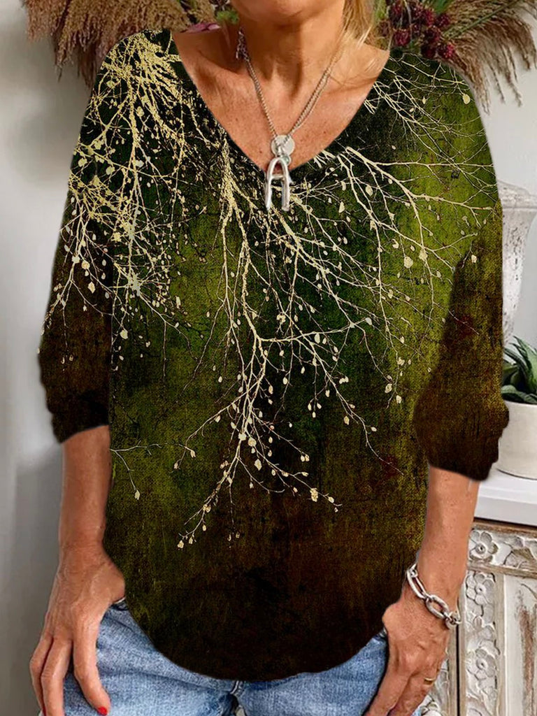 Fashion V Neck Long Sleeve Floral Casual Regular T-Shirt
