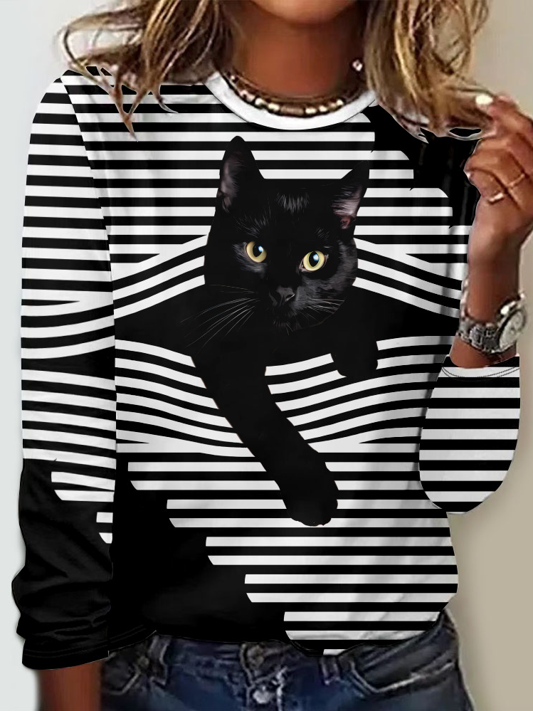 Fashion Crew Neck Long Sleeve Christmas Striped Floral Loose Regular T-Shirt