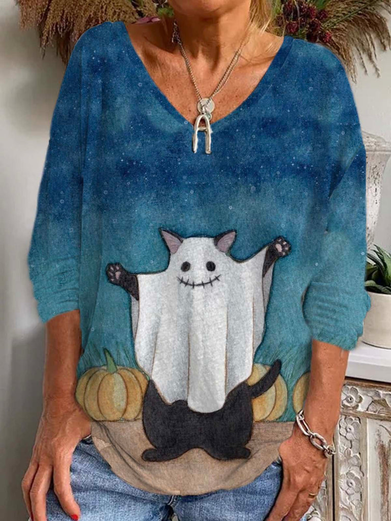 Fashion V Neck Long Sleeve Halloween Casual Regular T-Shirt