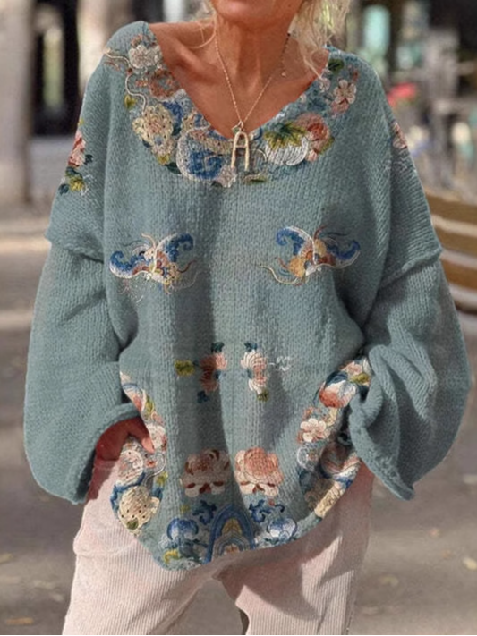 Fashion V Neck Long Sleeve Ethnic Floral Loose Mid-Long Sweatshirt