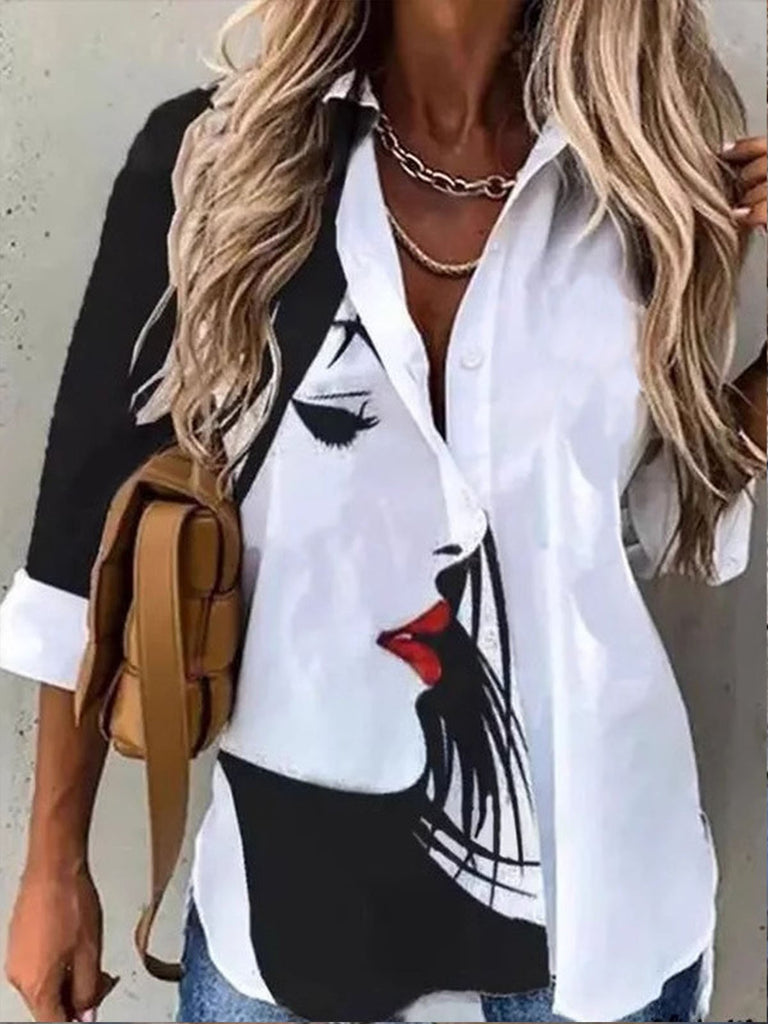 Loose Long Sleeve Shirt Collar Ethnic Floral Fashion Regular Shirt