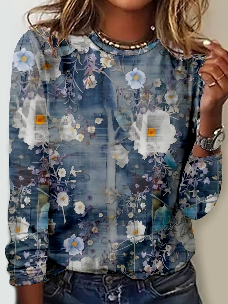 Fashion Crew Neck Long Sleeve Floral Casual Regular T-Shirt