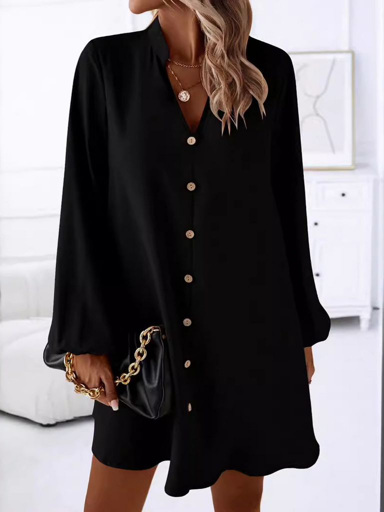 Fashion V Neck Long Sleeve Plain Loose Knee Length Short Dress