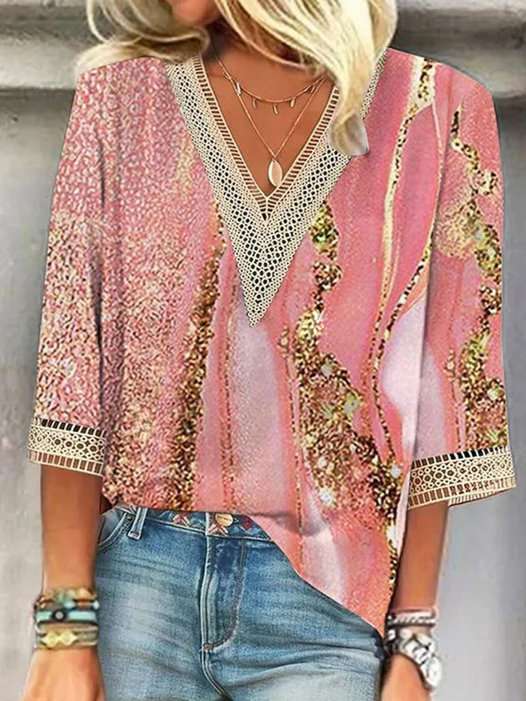 Loose 3/4 Sleeve V Neck Random Print Fashion Regular Blouse