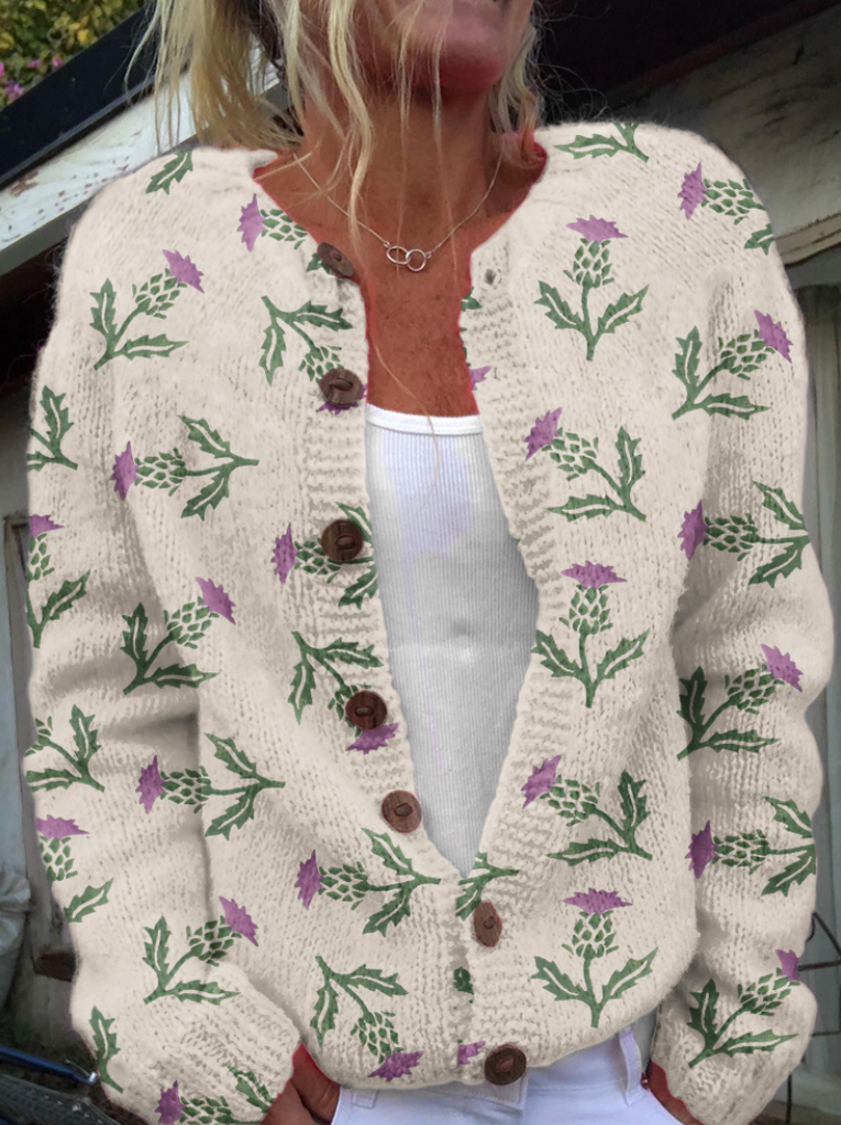 Loose Stand Collar Long Sleeve Floral Fashion Regular Cardigan