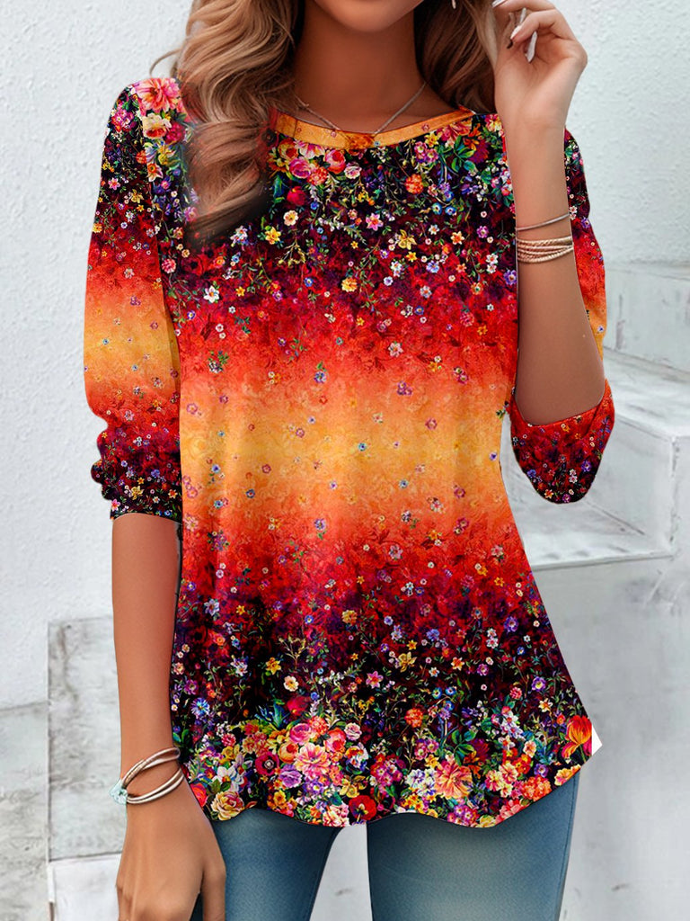 Fashion Crew Neck Long Sleeve Floral Pattern Casual Regular Blouses