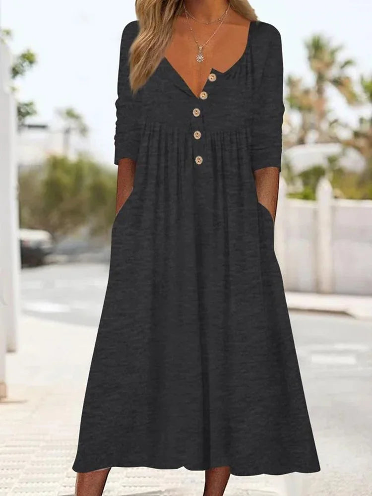 Fashion Crew Neck Long Sleeve Plain Midi Dress