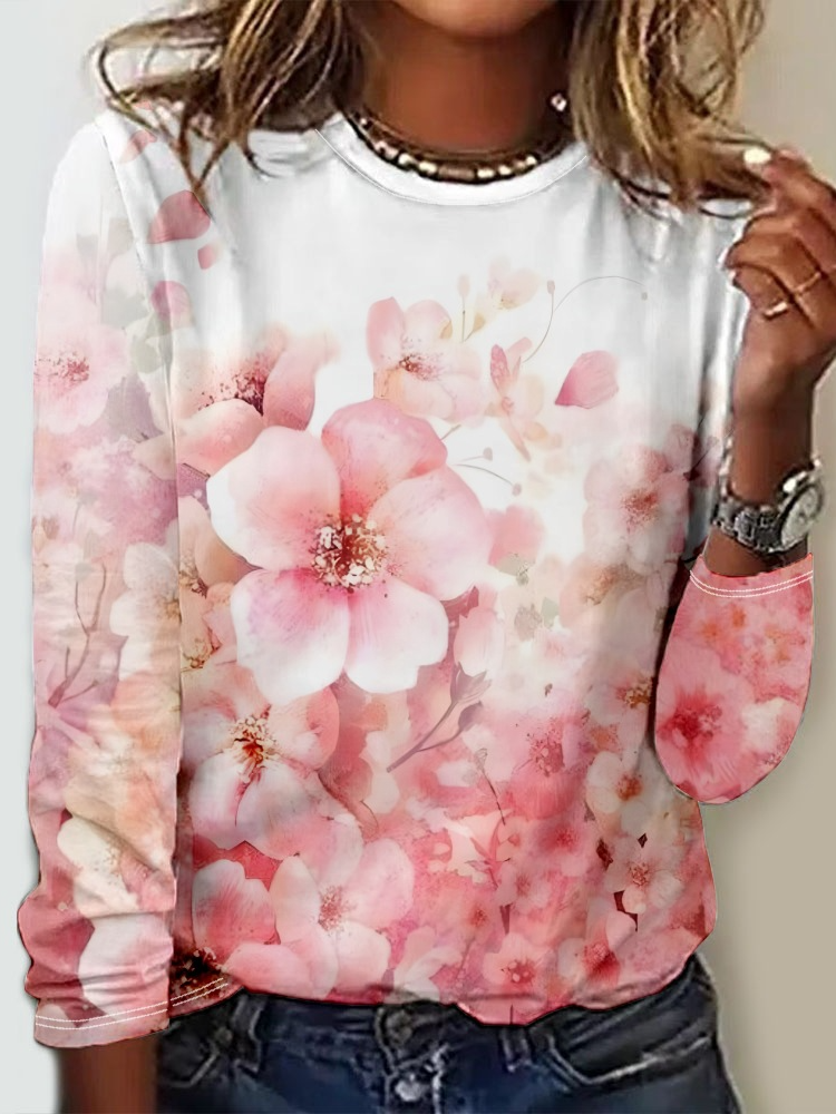 Fashion Crew Neck Long Sleeve Floral Casual Regular T-Shirt