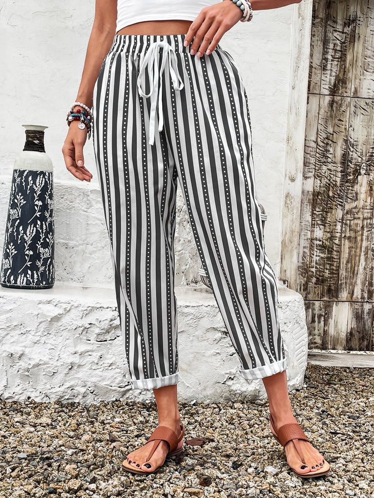 Fashion Striped Pocket Stitching Loose Long Pants