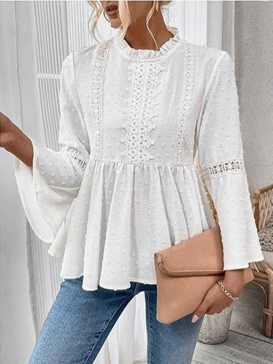 Fashion Crew Neck Long Sleeve Plain Loose Regular Blouses