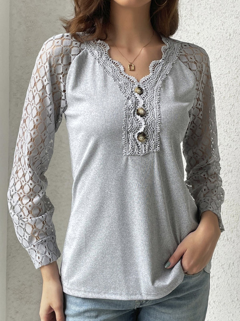 Loose V Neck Long Sleeve Plain Fashion Regular T-Shirt