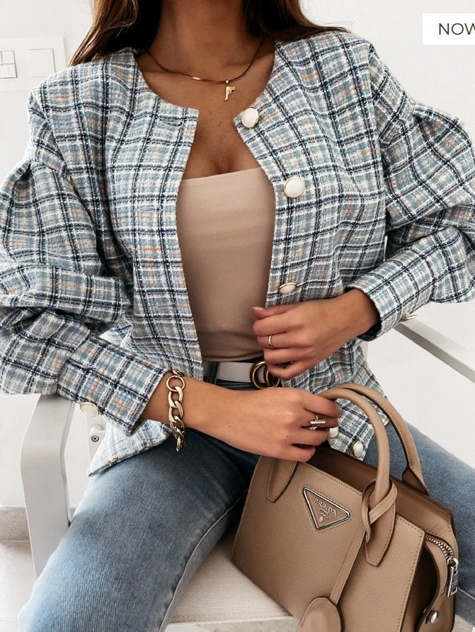 Loose Long Sleeve Plaid Zipper Fashion Regular Jacket