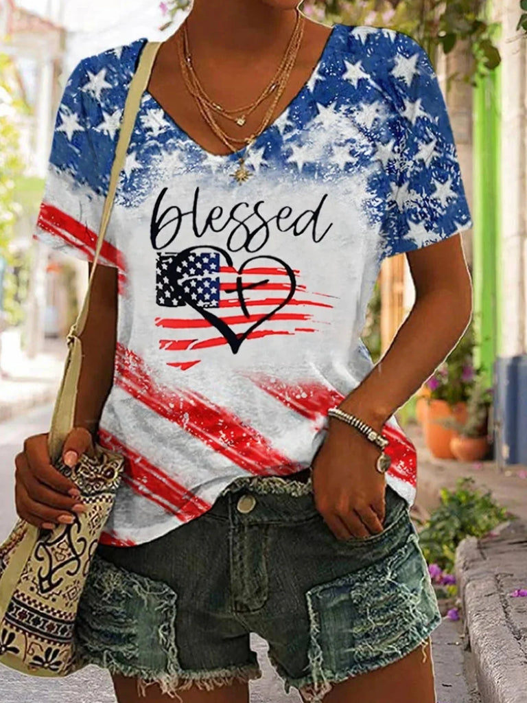 Loose V Neck Short Sleeve Text Letters Fashion Regular T-Shirt