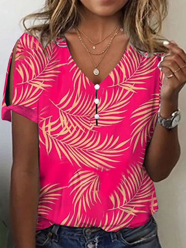 Fashion V Neck Short Sleeve Leaf Loose Regular T-Shirt