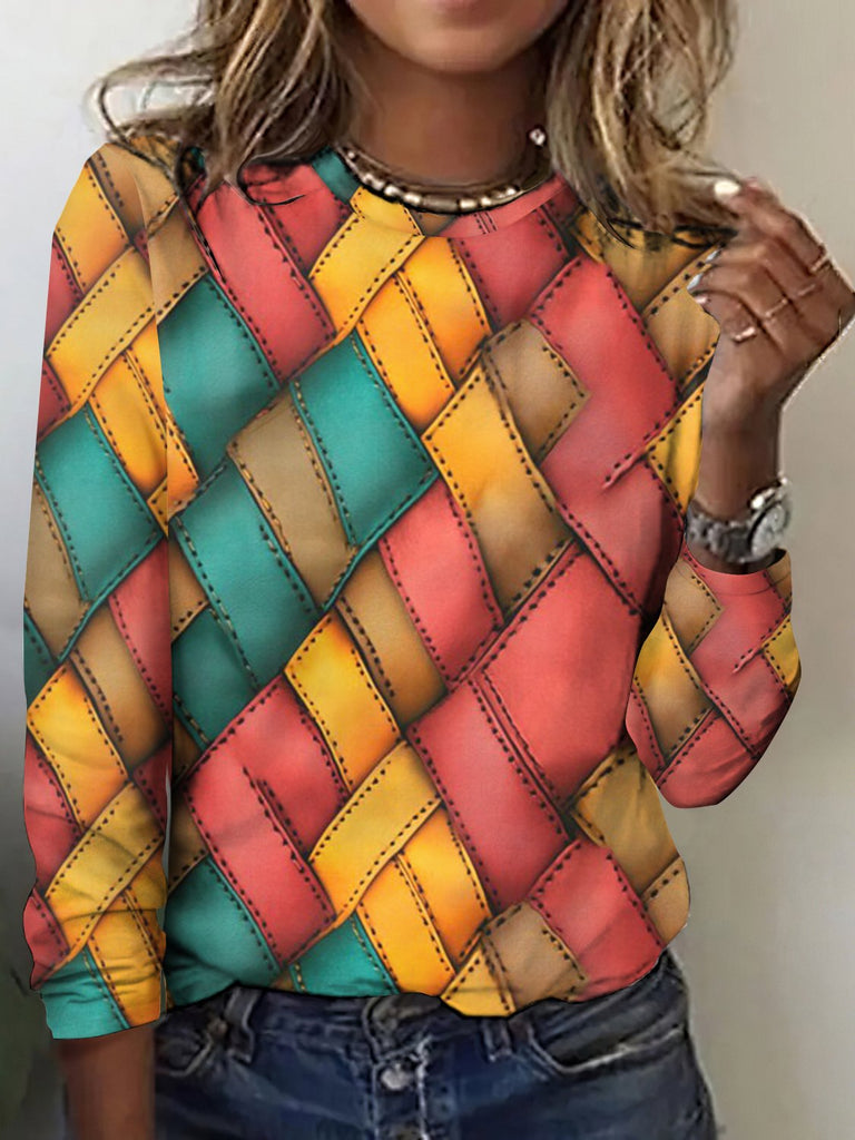 Vintage Crew Neck Long Sleeve Plaid Regular T-Shirt