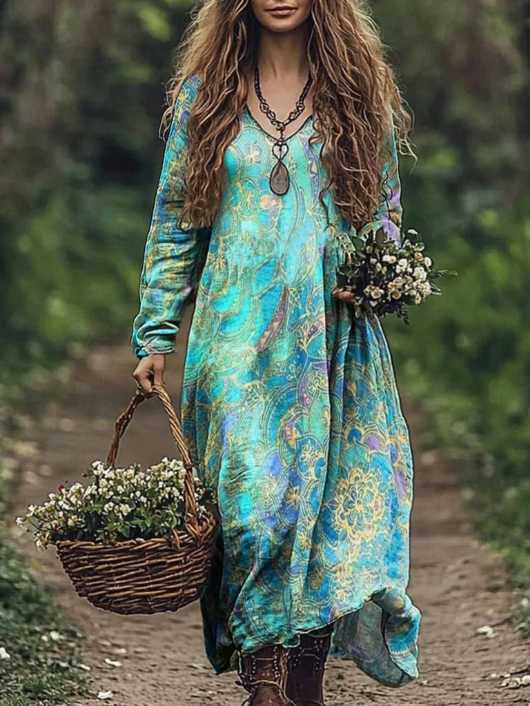Fashion V Neck Long Sleeve Ethnic Maxi Dress