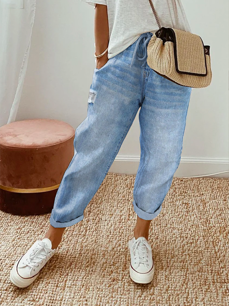 Fashion Plain Ripped Loose Ankle Pants