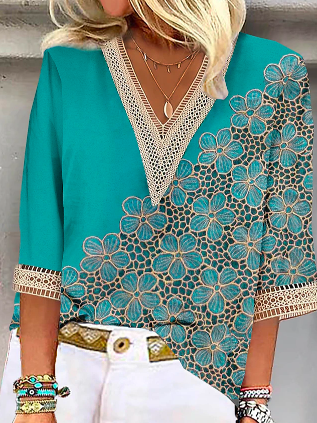 Fashion 3/4 Sleeve V Neck Floral Loose Regular Blouse
