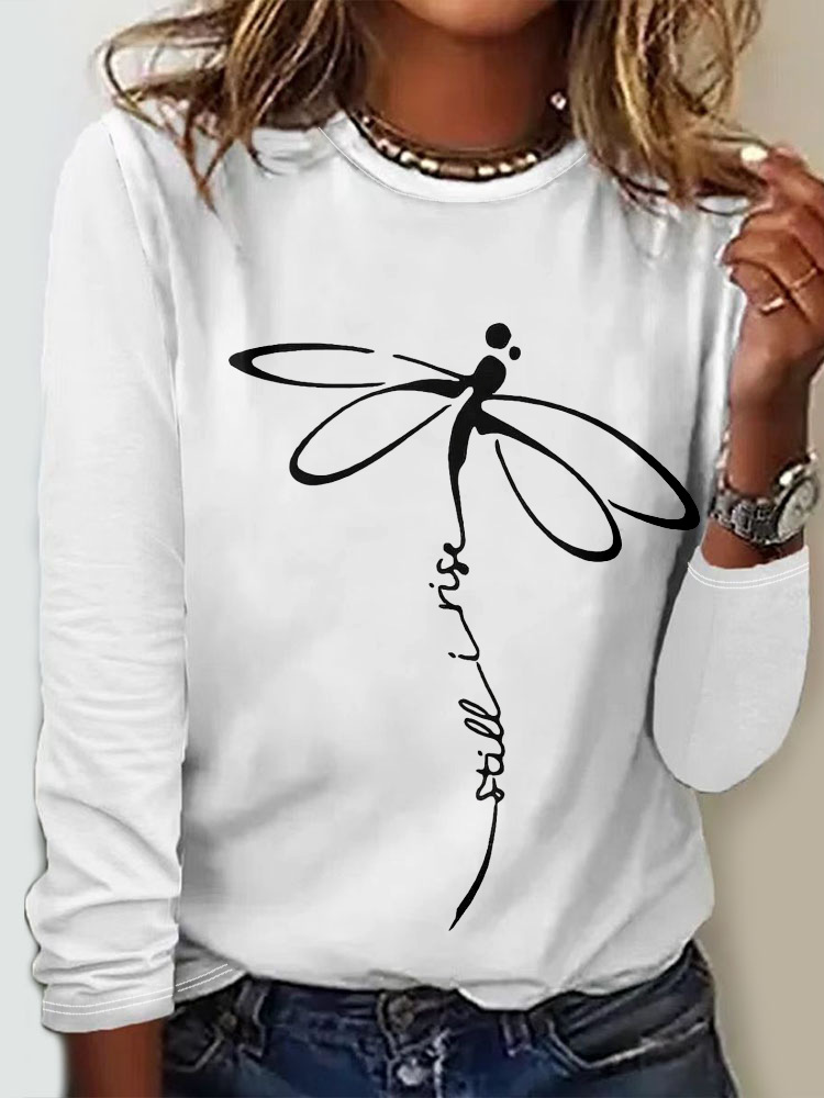 Fashion Crew Neck Long Sleeve Floral Dragonfly Casual Regular T-Shirt