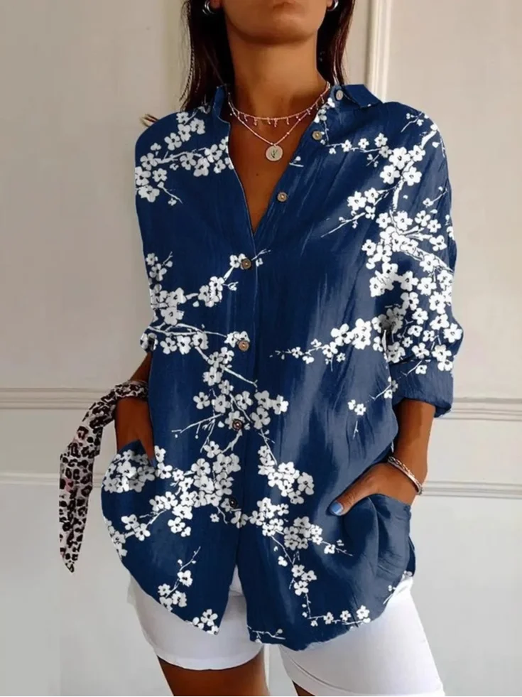 Loose Long Sleeve Shirt Collar Geometric Floral Fashion Regular Shirt