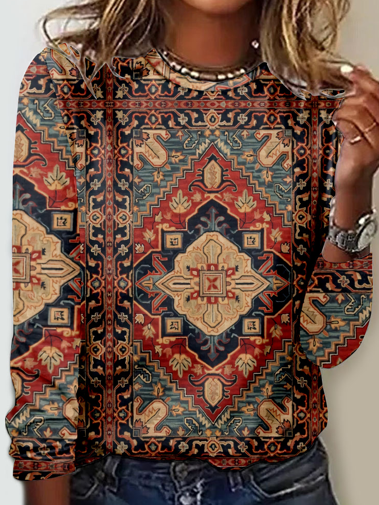 Fashion Crew Neck Long Sleeve Ethnic Casual Regular T-Shirt
