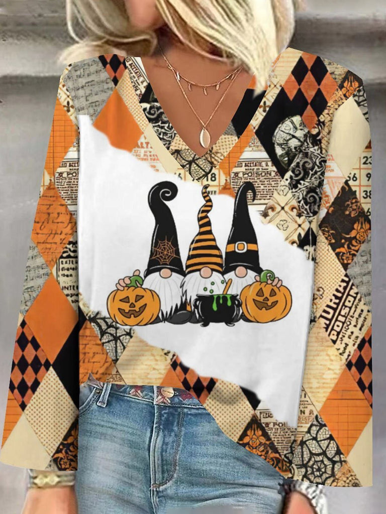 Fashion V Neck Long Sleeve Halloween Loose Regular Blouse