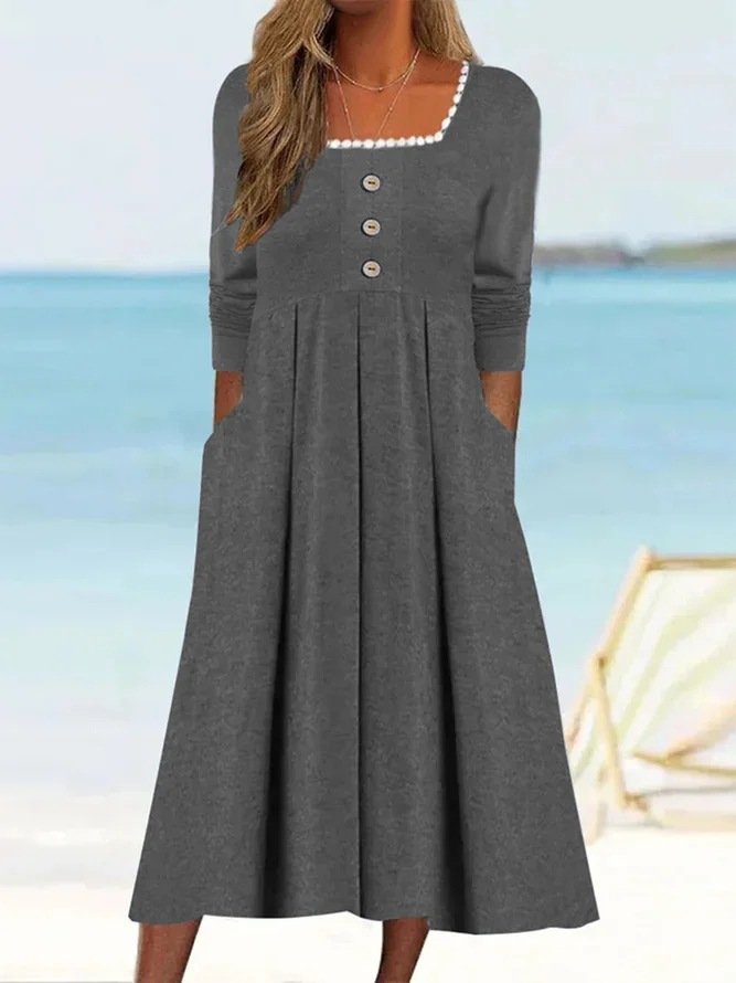 Fashion Long Sleeve Square Neck Plain Maxi Dress