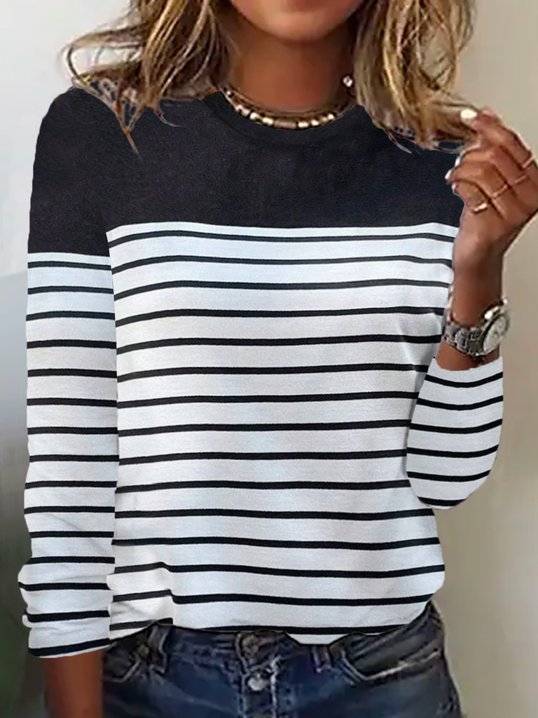 Loose Crew Neck Long Sleeve Striped Fashion Regular T-Shirt