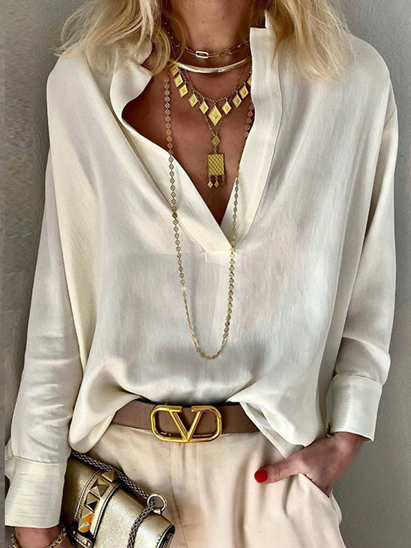 Loose V Neck Long Sleeve Plain Fashion Regular Blouse