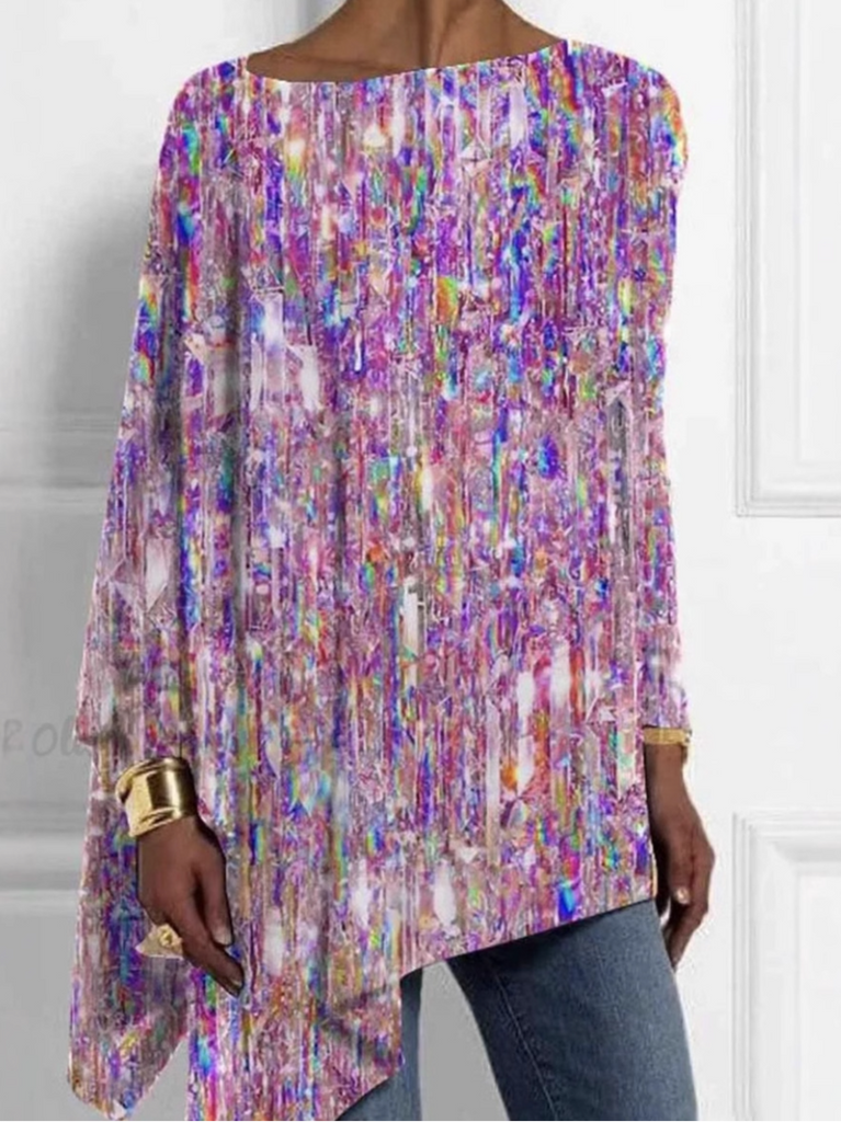 Loose Crew Neck Long Sleeve Abstract Fashion Mid-Long Blouses