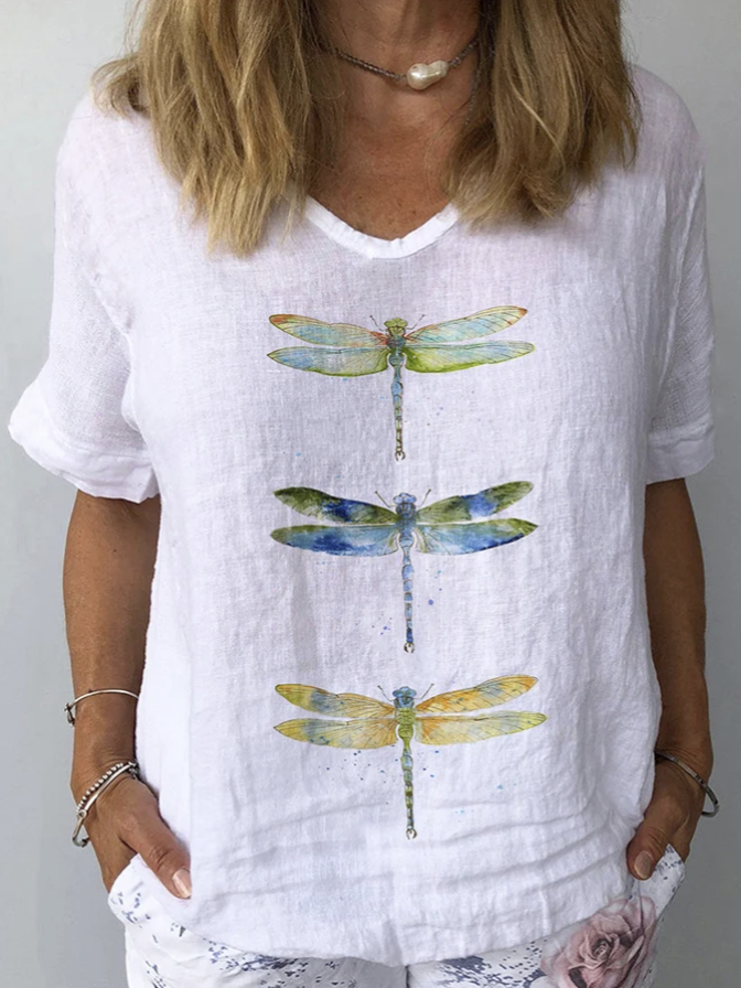 Simple V Neck Short Sleeve Dragonfly Loose Regular Blouse