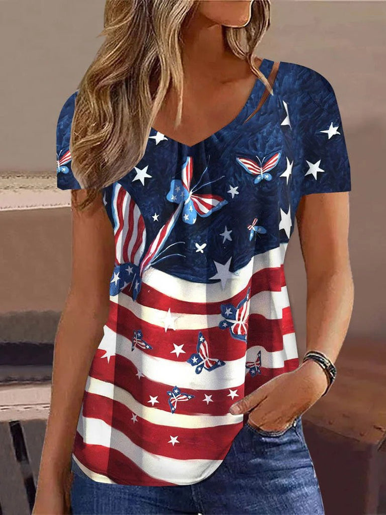 Fashion V Neck Short Sleeve America Flag Loose Mid-Long Blouse