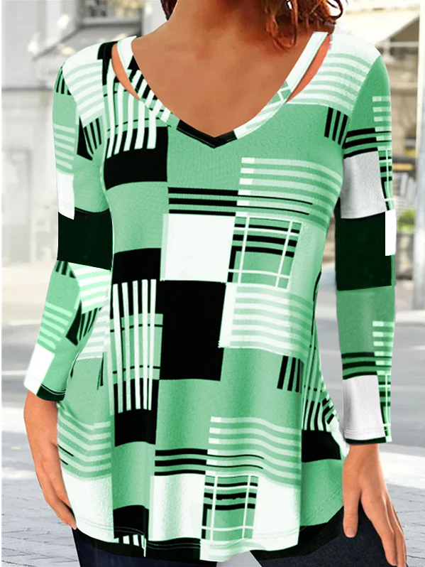 Fashion V Neck Long Sleeve Plaid Loose Regular Blouse