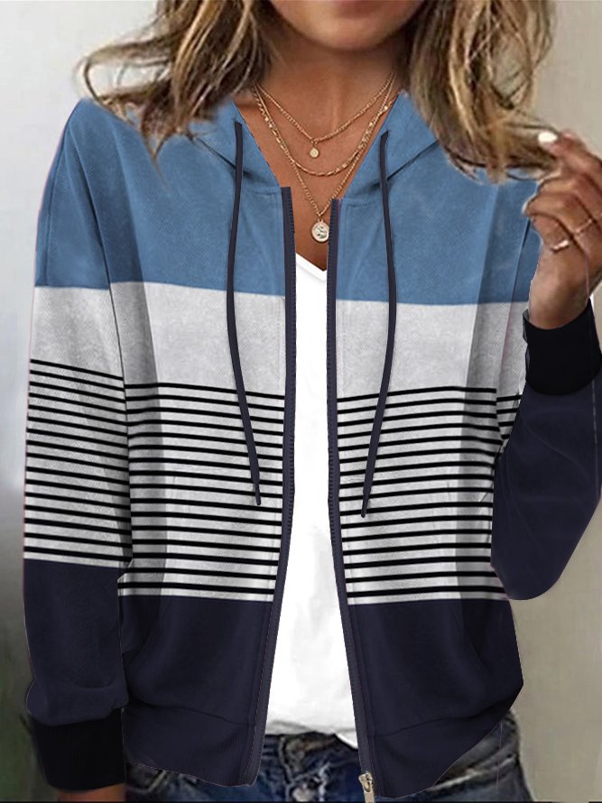 Loose Hoodie Long Sleeve Striped Zipper Fashion Regular Jacket