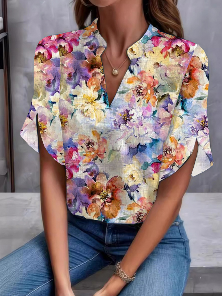 Loose V Neck Short Sleeve Floral Fashion Regular Blouse