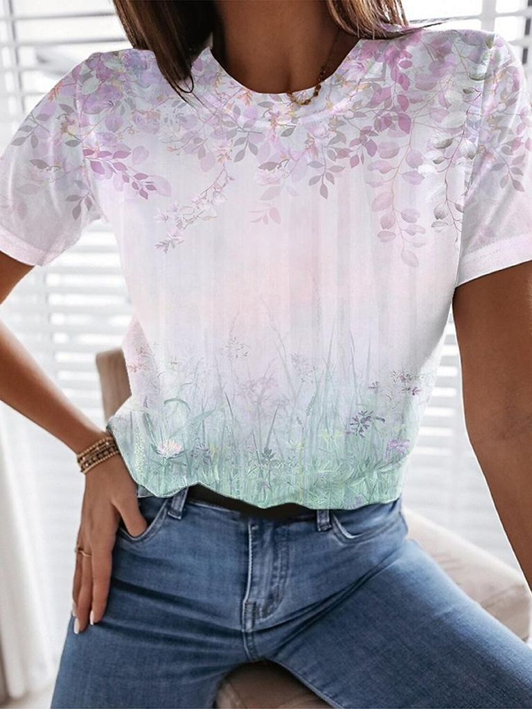 Fashion Short Sleeve Crew Neck Leaf Casual Regular T-Shirt