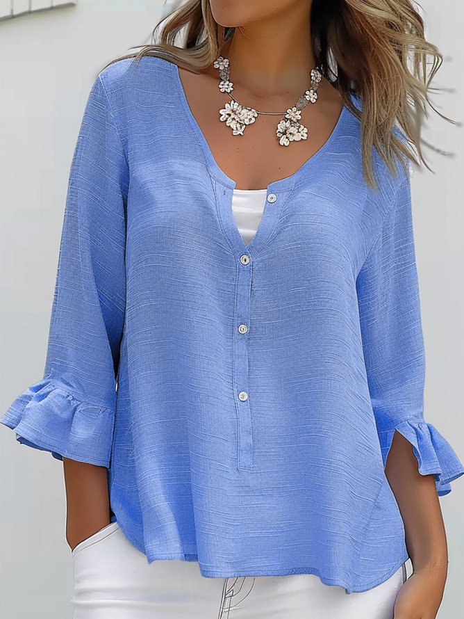 Loose 3/4 Sleeve Notched Plain Fashion Regular Blouse
