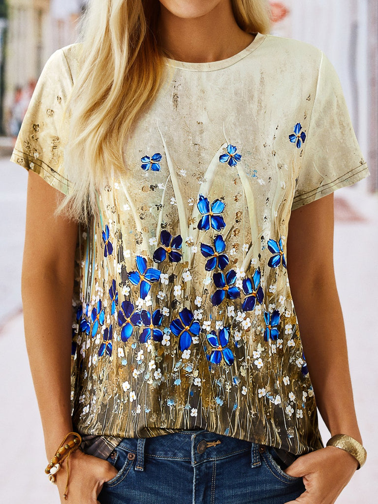 Crew Neck Short Sleeve Floral Fashion Regular T-Shirt