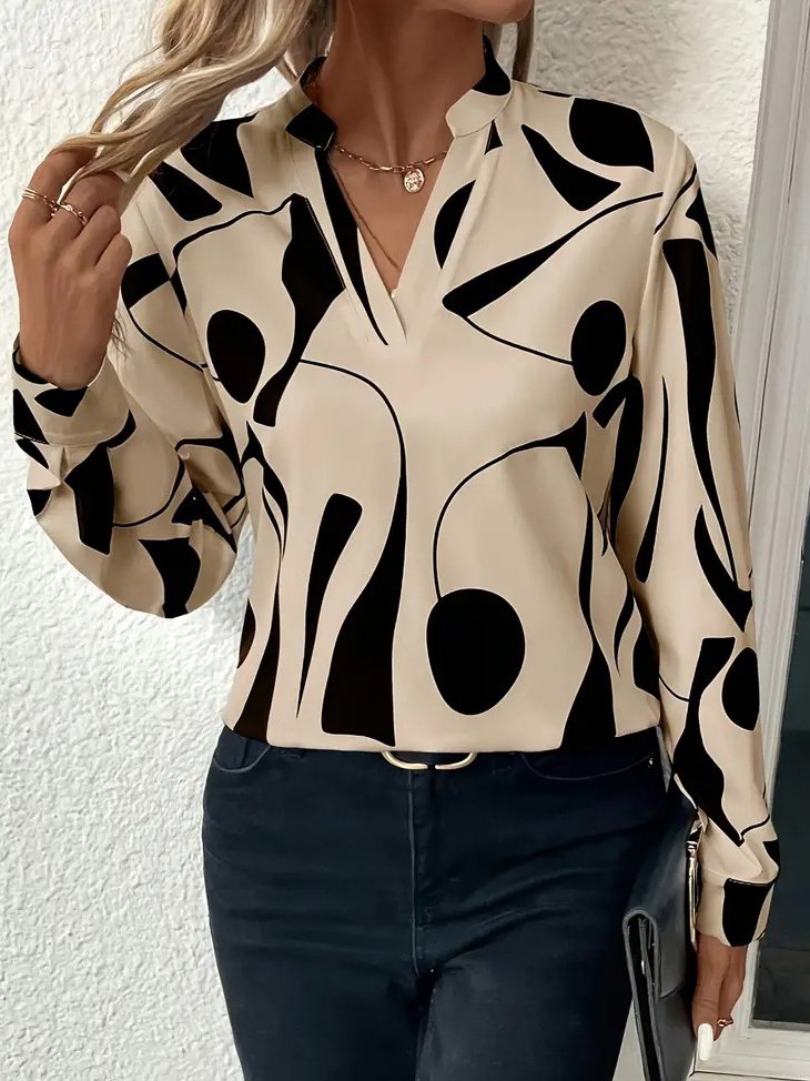 Fashion V Neck Long Sleeve Random Print Loose Regular Blouse