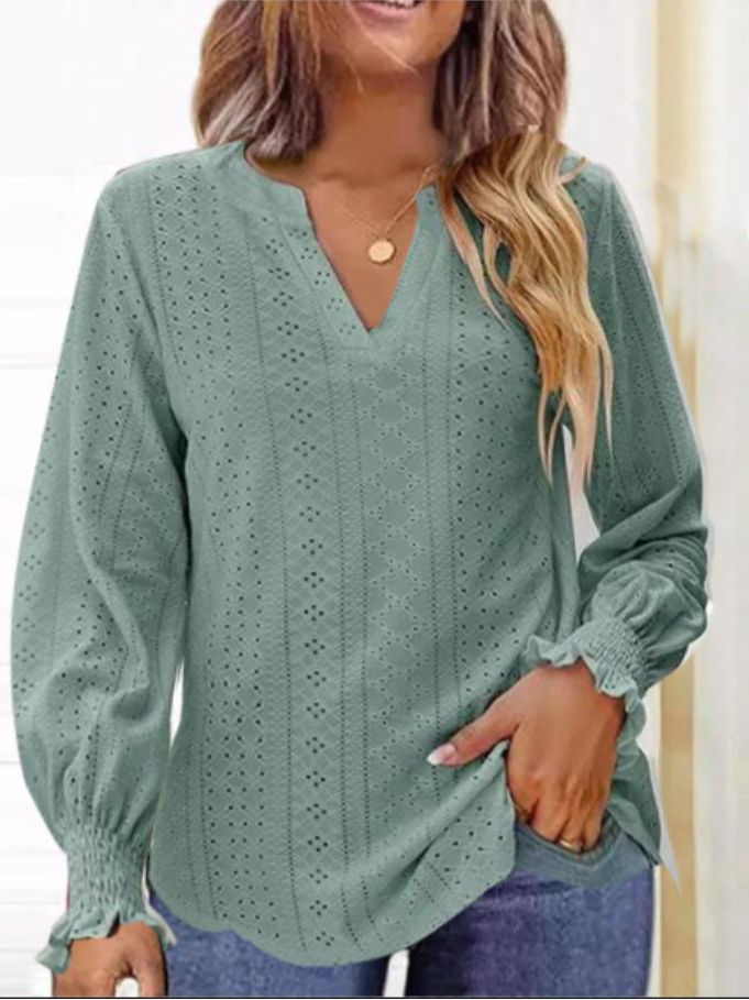 V Neck Long Sleeve Plain Fashion Regular Blouse
