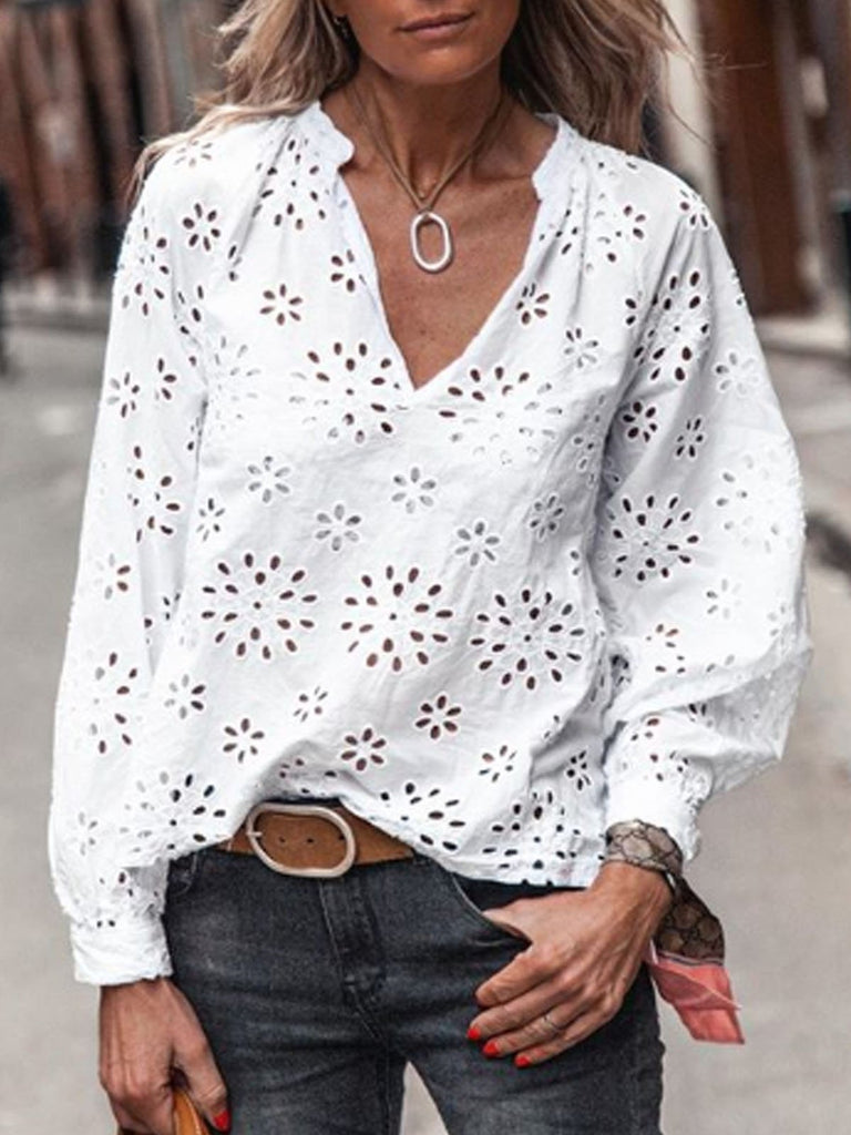 Loose V Neck Long Sleeve Patchwork Hollow Out Fashion Regular Blouse