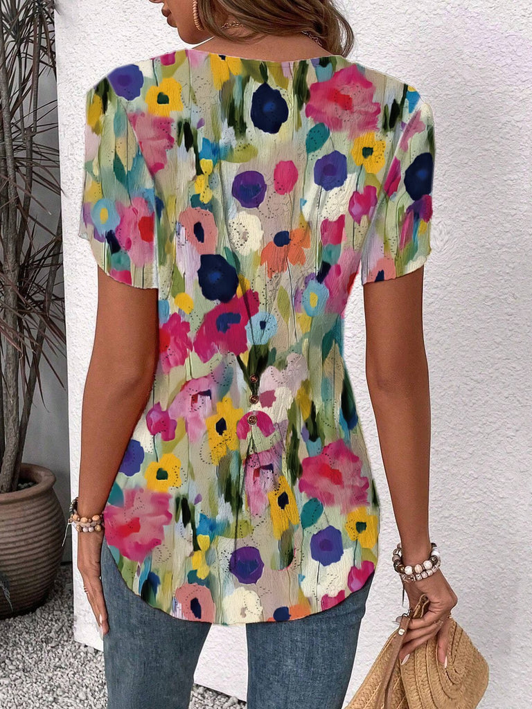 Fashion Short Sleeve Crew Neck Floral Loose Regular Blouse